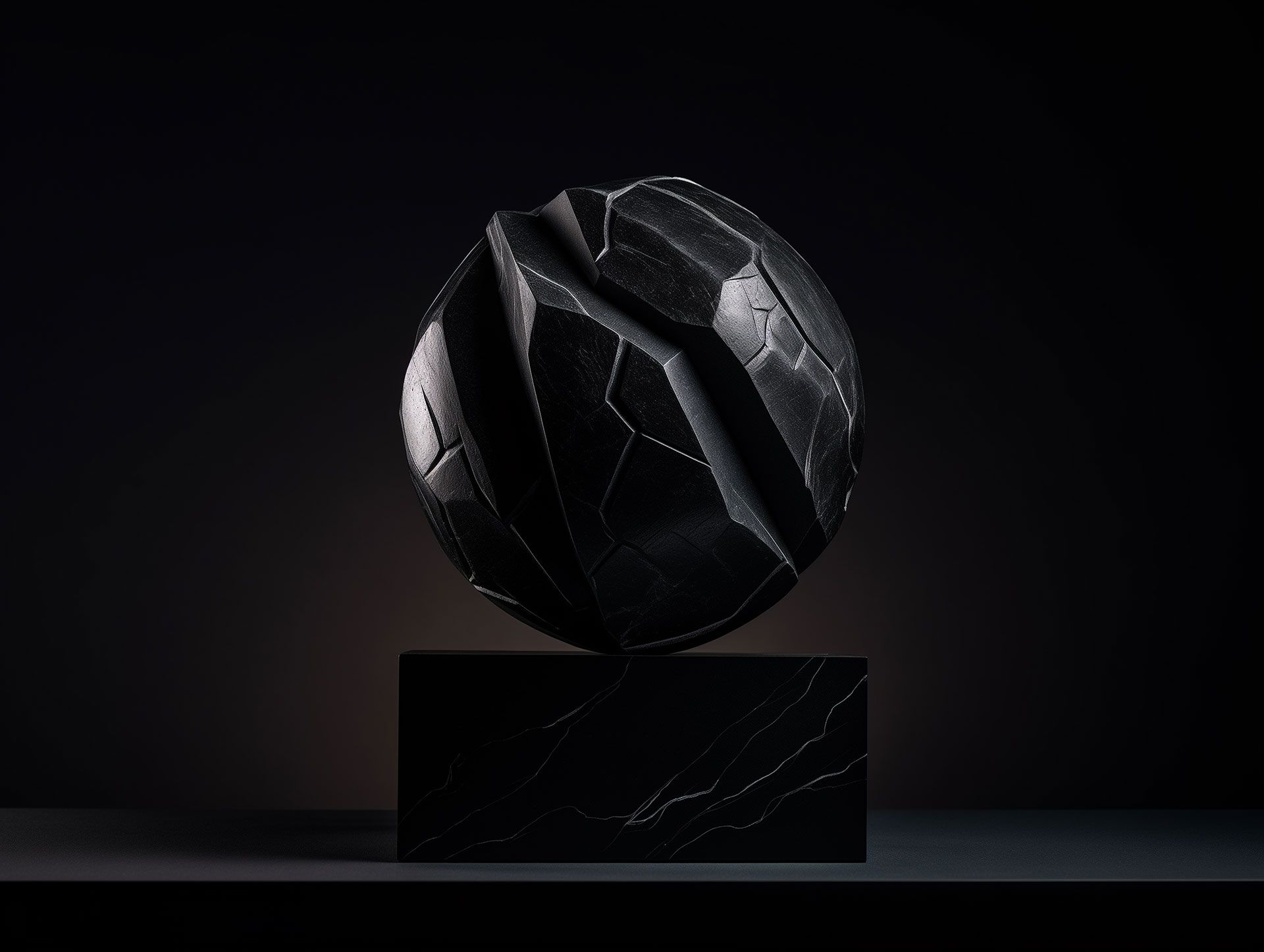 Abstract black sculpture on dark background.